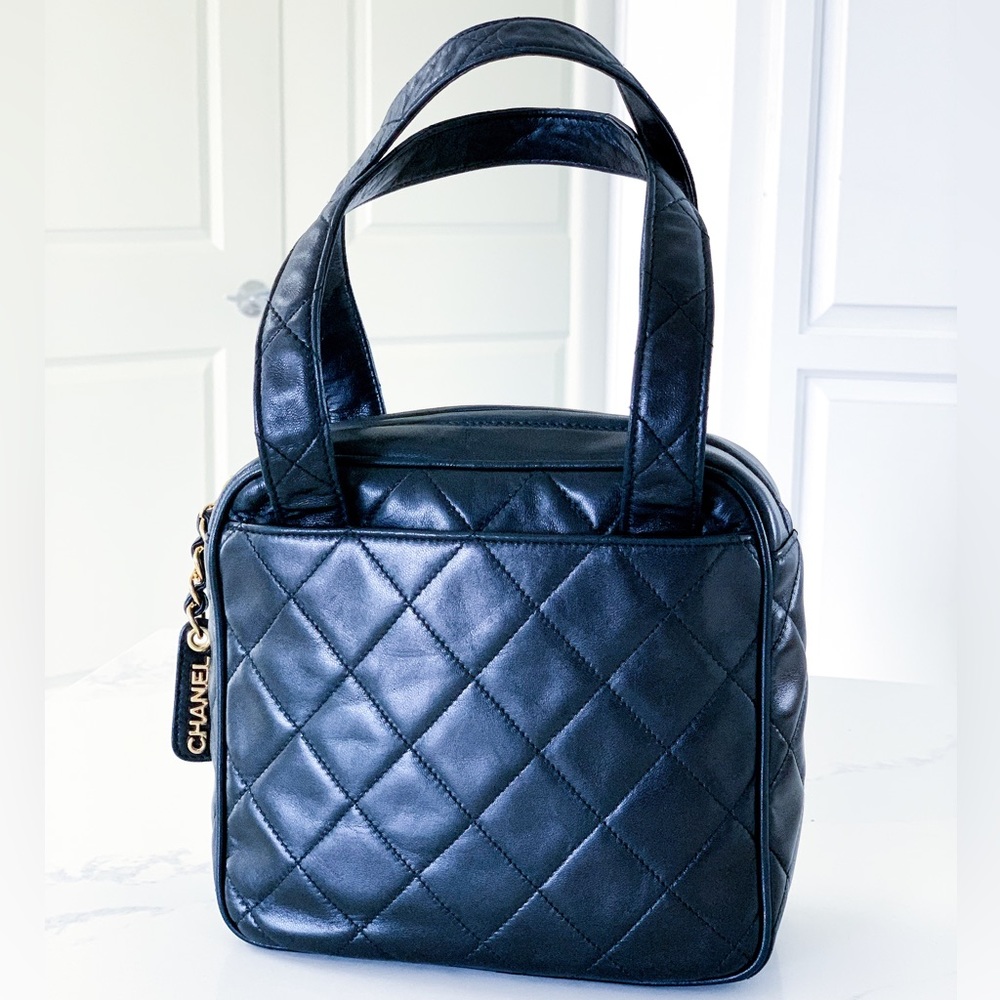 CHANEL Black Leather Gold Chain Small Top Handle Satchel Bag